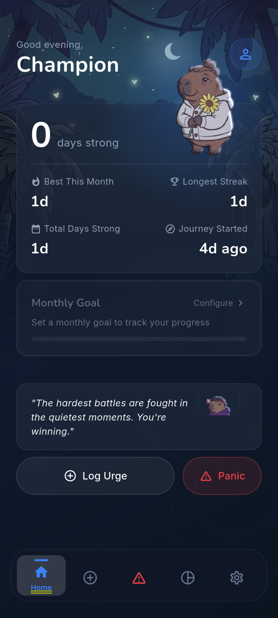Dehamo app home screen showing streak counter